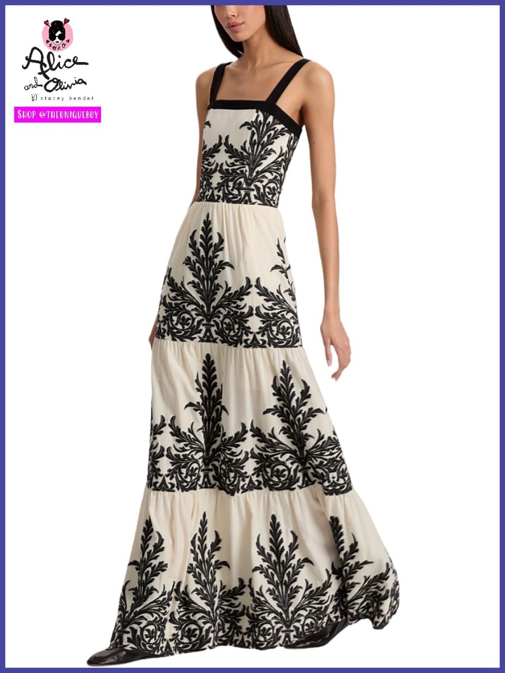 Alice + Olivia Saige Floral Cotton Linen Blend Off White Black Tiered Maxi Dress